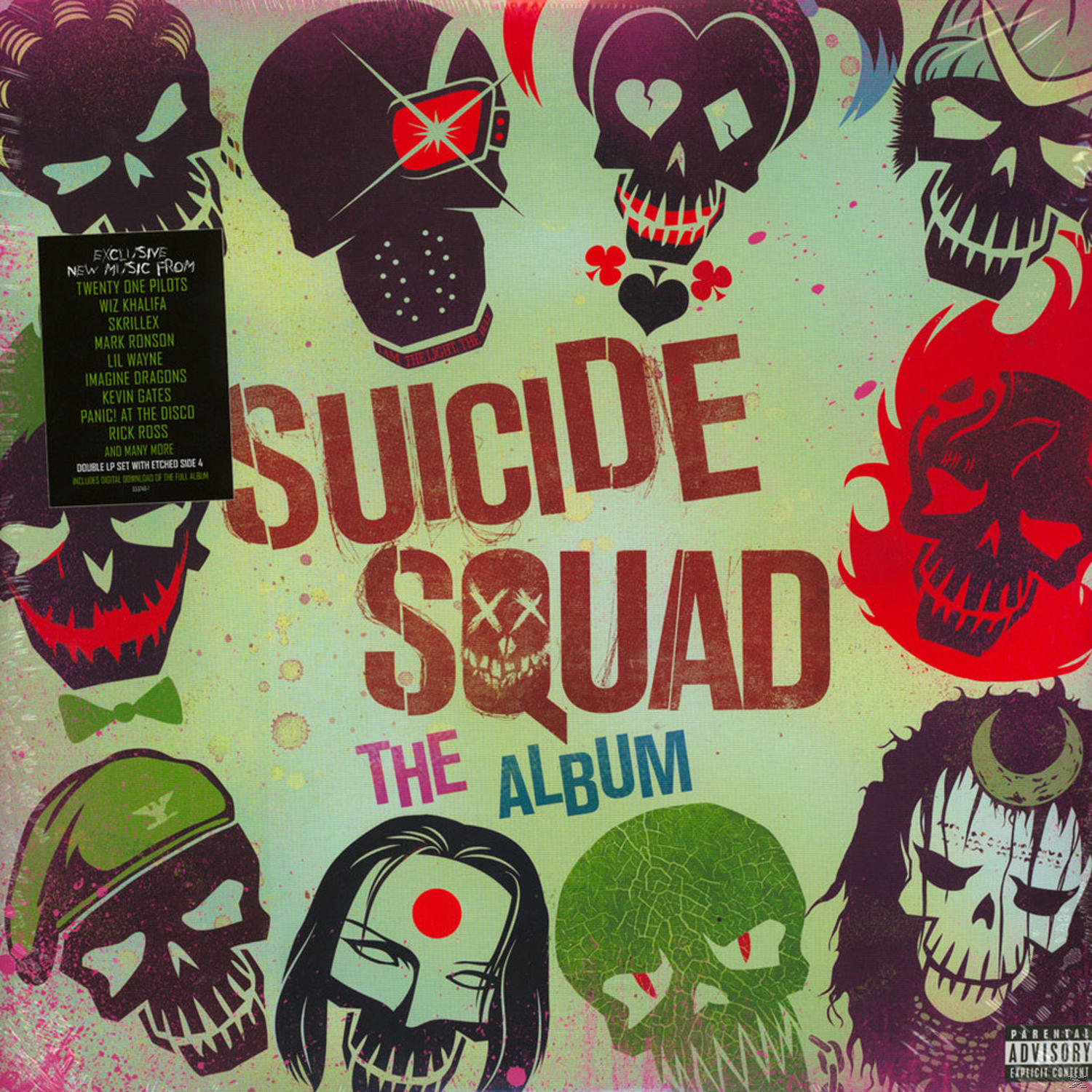 A "Suicide Squad: The Album" albumborítója. Több koponyát és az album címét ábrázolja.