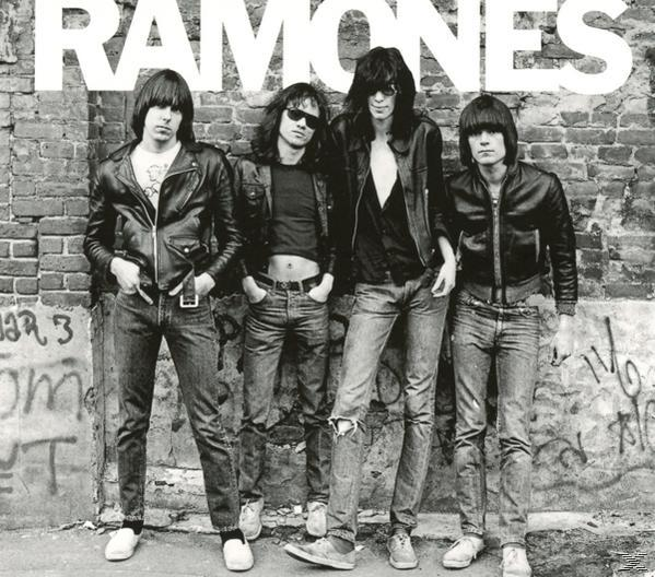 A Ramones együttes egy téglás fal előtt áll. Bőrdzsekiket és farmert viselnek. A falon graffitik vannak. A zenekar neve felettük látható.