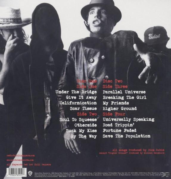 Albumcover mit Red Hot Chili Peppers und Songtiteln. Die Bandmitglieder sind in Schwarzweiß.