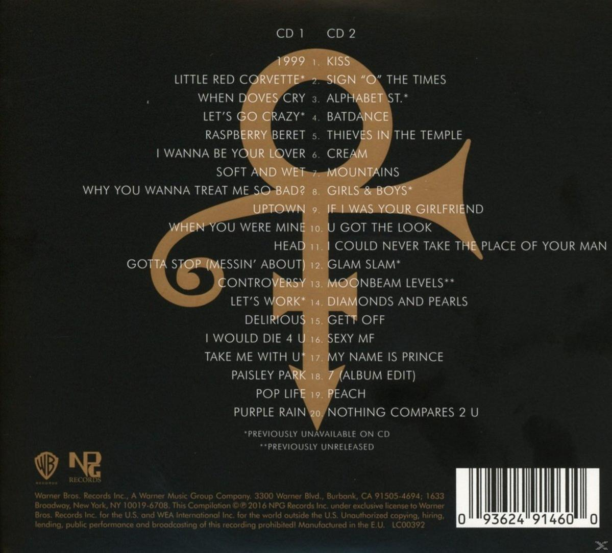 Album borítója a számlistával, melynek címe '1999'. Tartalmazza a művész nevét, egy lila logót és a Warner Bros. logóit.