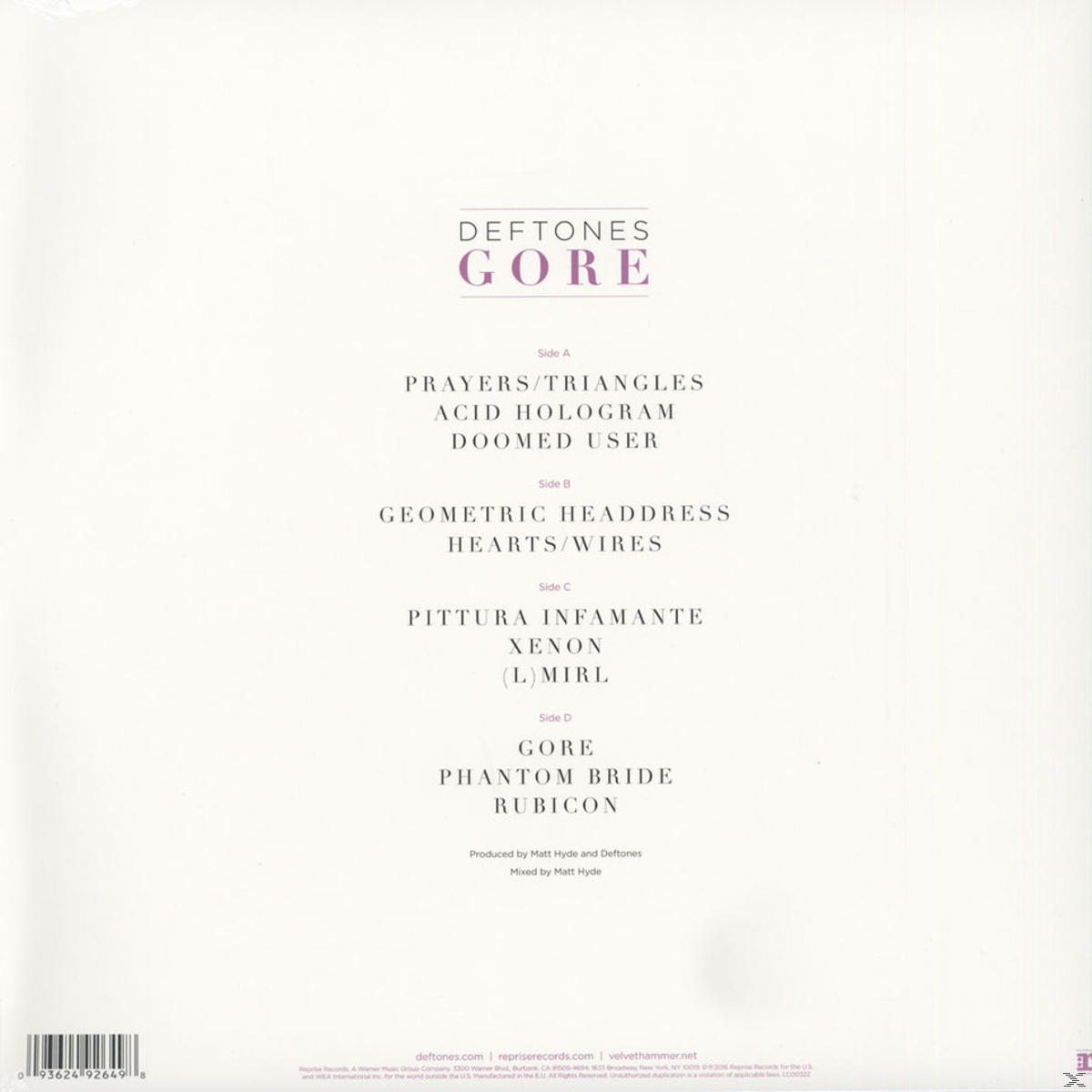 Deftones album borítója számlistával. 'Gore' című album fehér háttérrel.