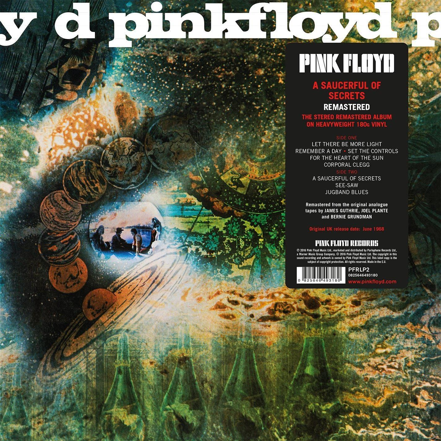 Albumhoes. Pink Floyds 'A Saucerful of Secrets' met ruimte kunst en albumdetails.