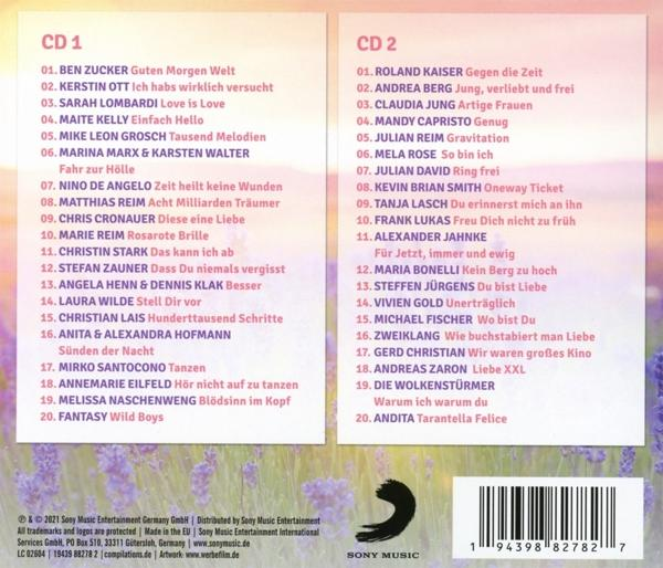 CD-Album mit zwei Spalten mit Songtiteln und einem lila-grünen Blumendesign-Hintergrund mit zwei CD-Hüllen.
