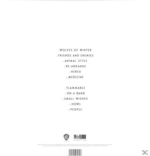 Weißer Hintergrund mit einer Liste von Songtiteln, Album-Trackliste.