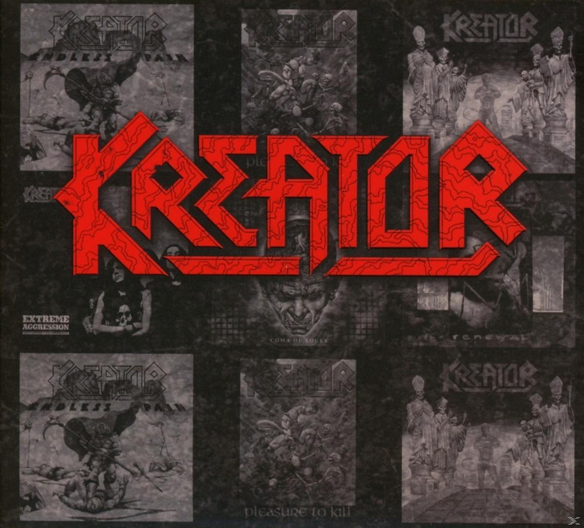 Kreator album borítója. Piros logó a különböző fekete-fehér albumborítókon.