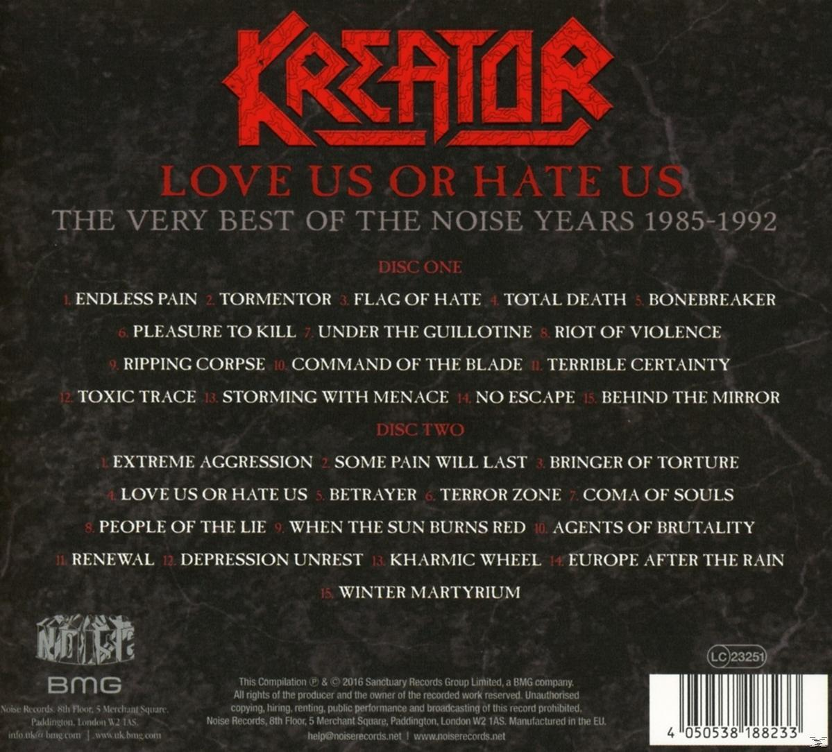 A Kreator 'Love Us or Hate Us' című albumának borítója, a számlistákkal és a zenekar logójával.