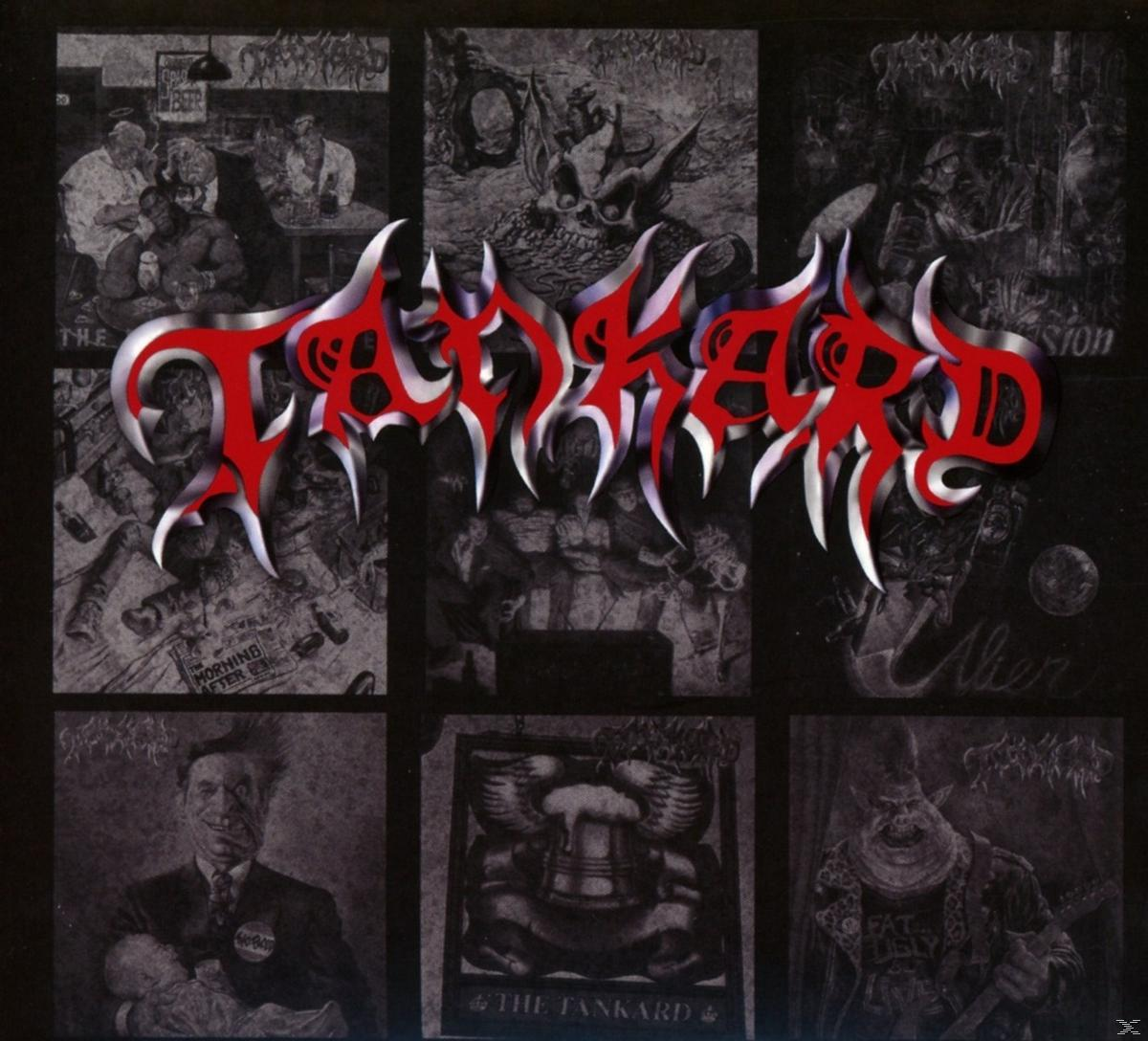 Album borító, különböző képekkel, piros "Tankard" felirattal.