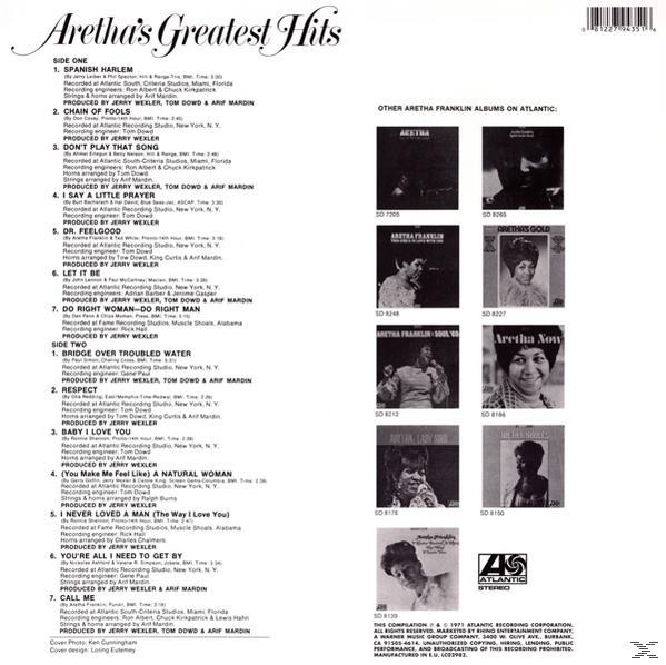 Achterkant van een plaat met songlijsten en andere albumhoezen. Tekst: Aretha's Greatest Hits.