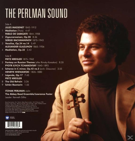 Album borító: Férfi portréja hegedűvel, szöveg 'The Perlman Sound'.