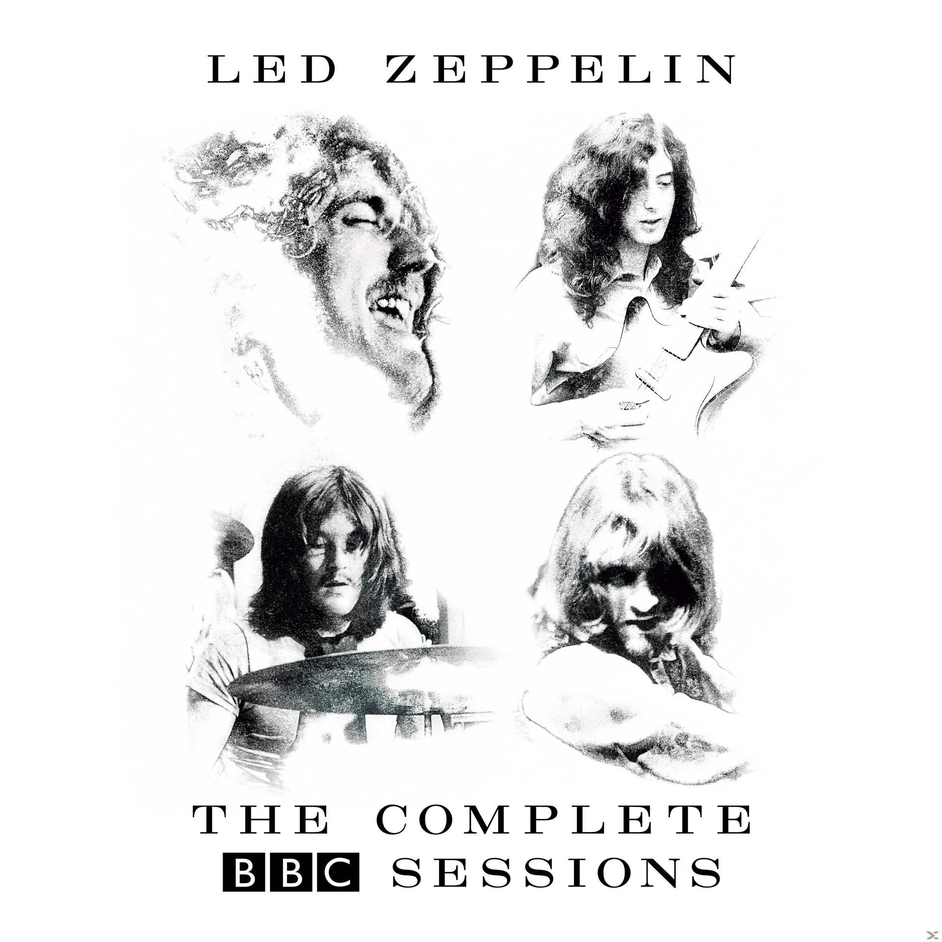 Led Zeppelin Bandmitglieder in vier Bildern: Ein Mann mit langen Haaren, 3 andere und der Text: The Complete BBC Sessions.