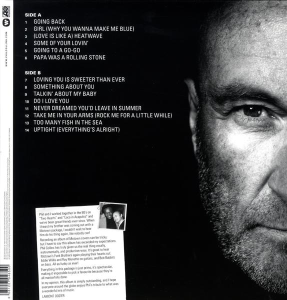 Schwarzweiß-Bild eines Mannes und Text auf der Rückseite einer CD. Phil Collins.