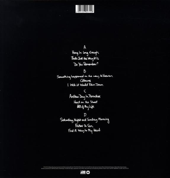 Schwarze Albumrückseite mit weißem, handschriftlichem Text, einschließlich Songtiteln und Albuminformationen.