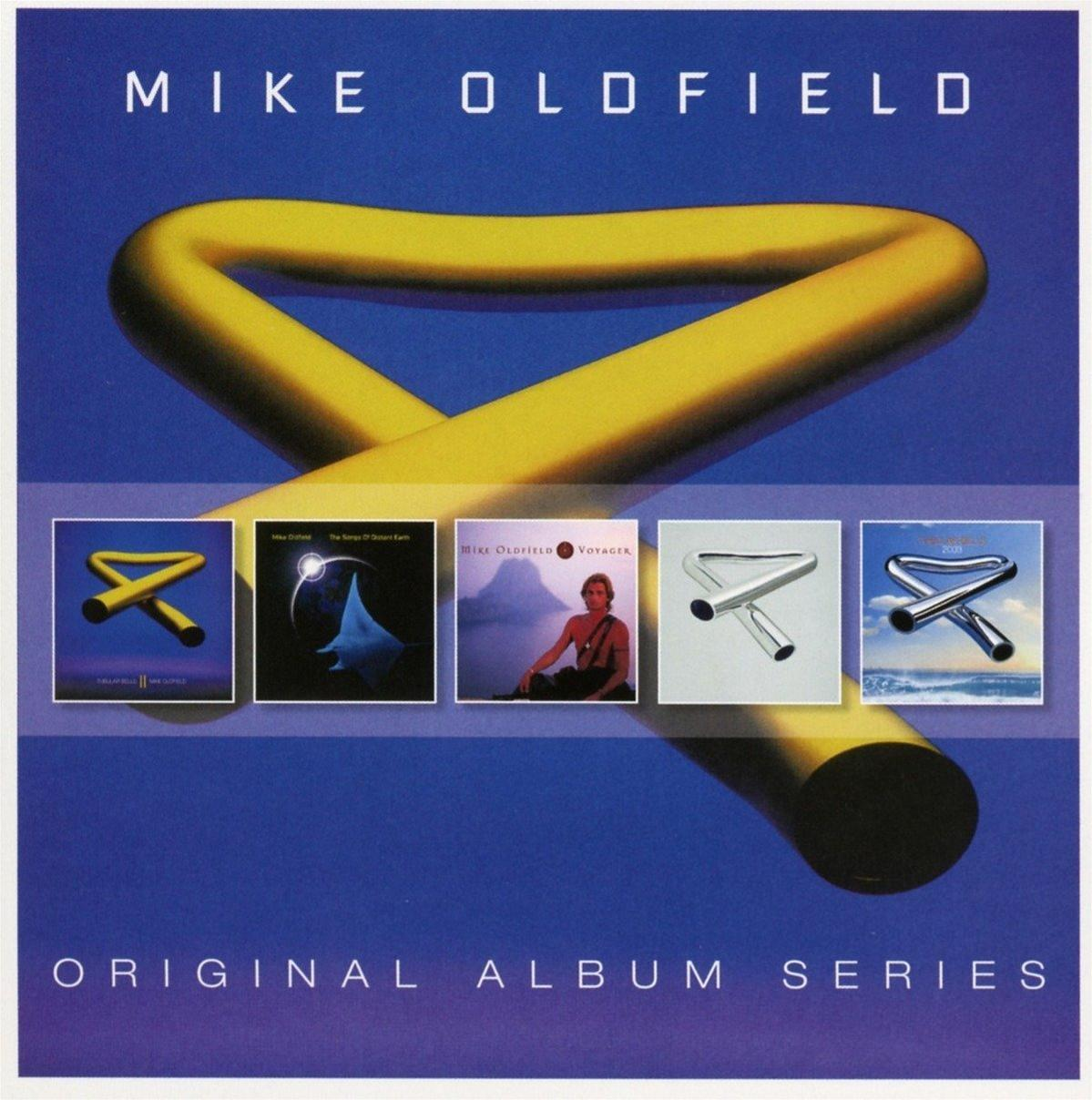 Mike Oldfield Albumcover mit fünf Albumcovern und einer gelben Röhre.