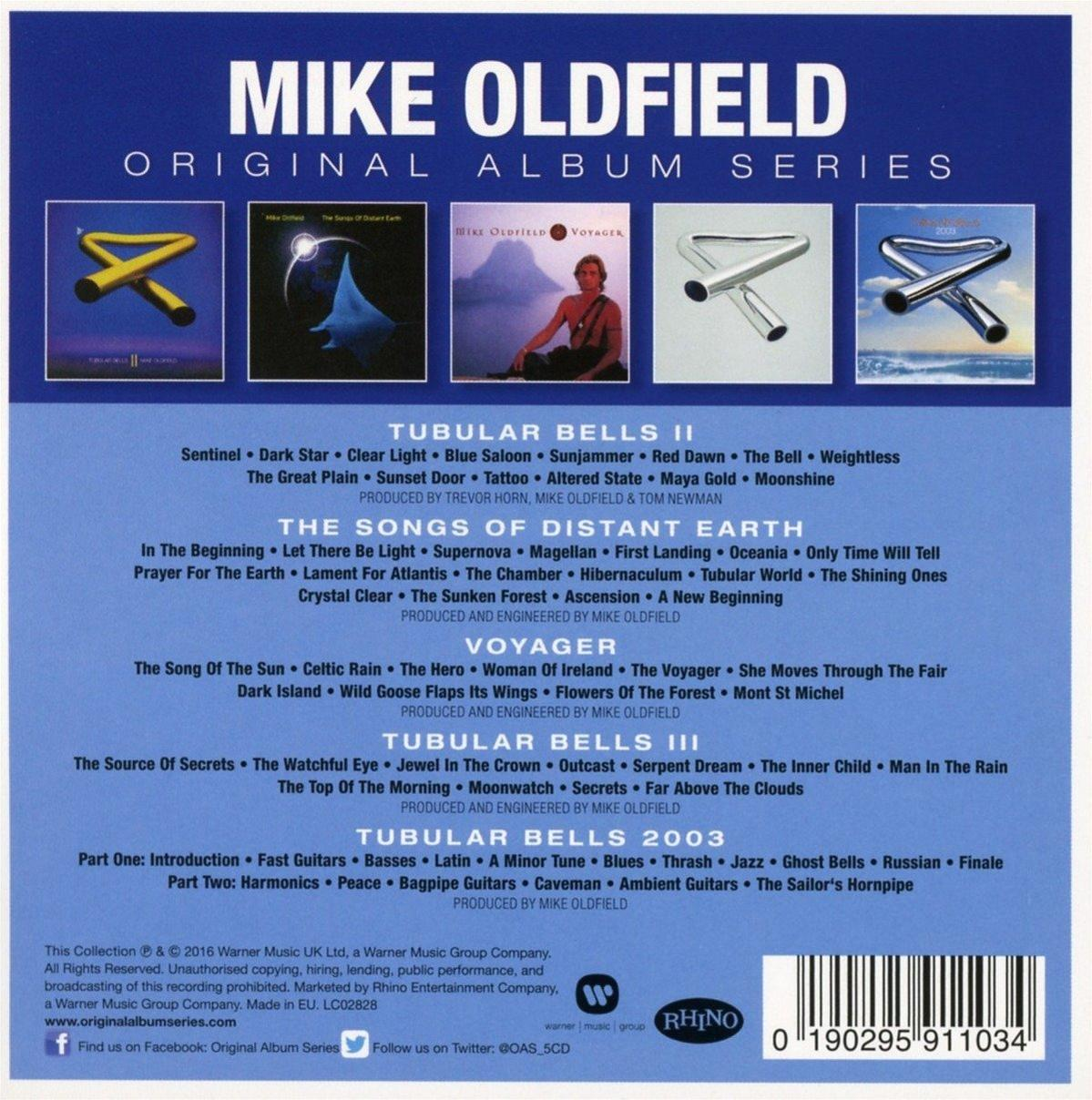 Albumcover-Kunst mit mehreren Albumcovern und Titellisten. Der Titel ist Mike Oldfield.