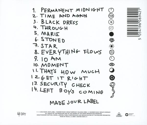 Rückseite der CD-Hülle mit Titelliste und Symbolen. Weißer Hintergrund, schwarzer Text und bunte Symbole.