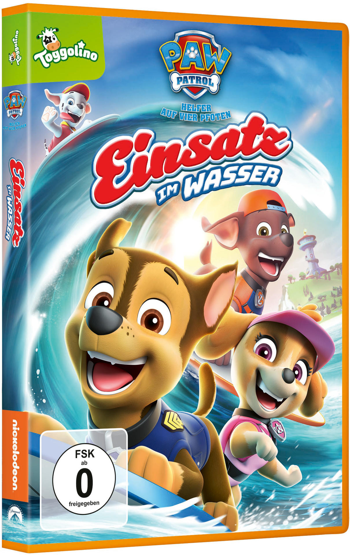 DVD-Cover eines Zeichentrickfilms mit Zeichentrickhunden, die auf einer Welle surfen.