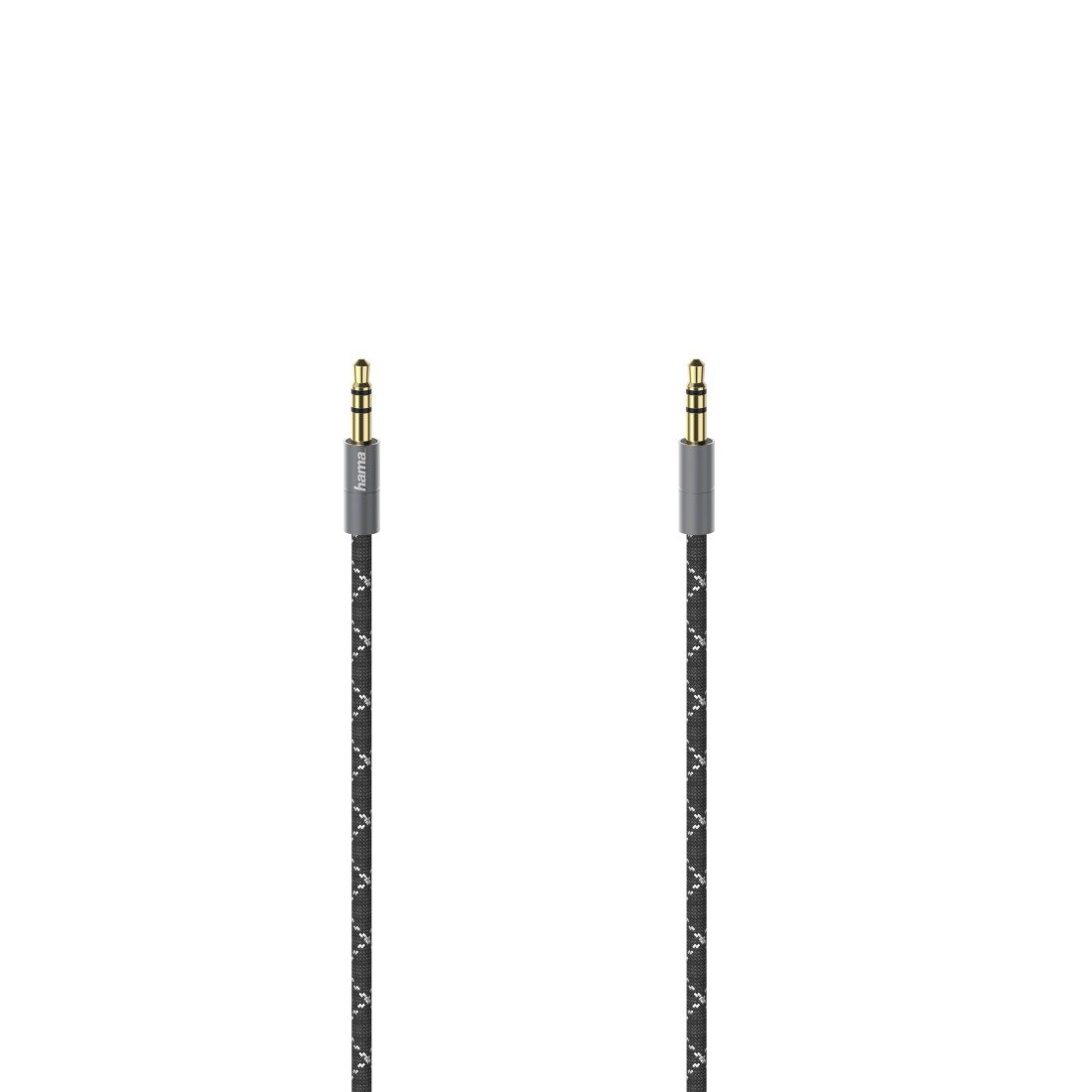Zwei 3,5-mm-Klinkenkabel mit schwarzem und grauem Muster auf weißem Hintergrund.