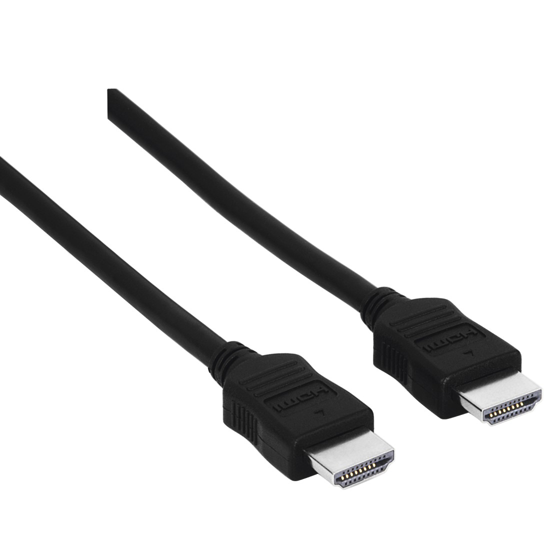 Ein schwarzes HDMI-Kabel mit vergoldeten Anschlüssen auf weißem Hintergrund.