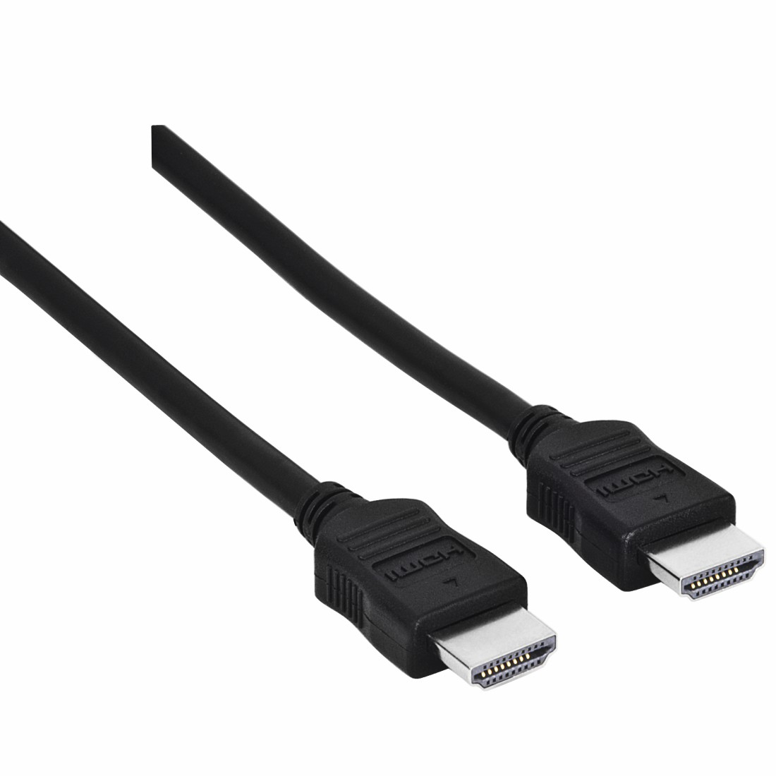 Ein schwarzes HDMI-Kabel mit zwei Steckern auf weißem Hintergrund.