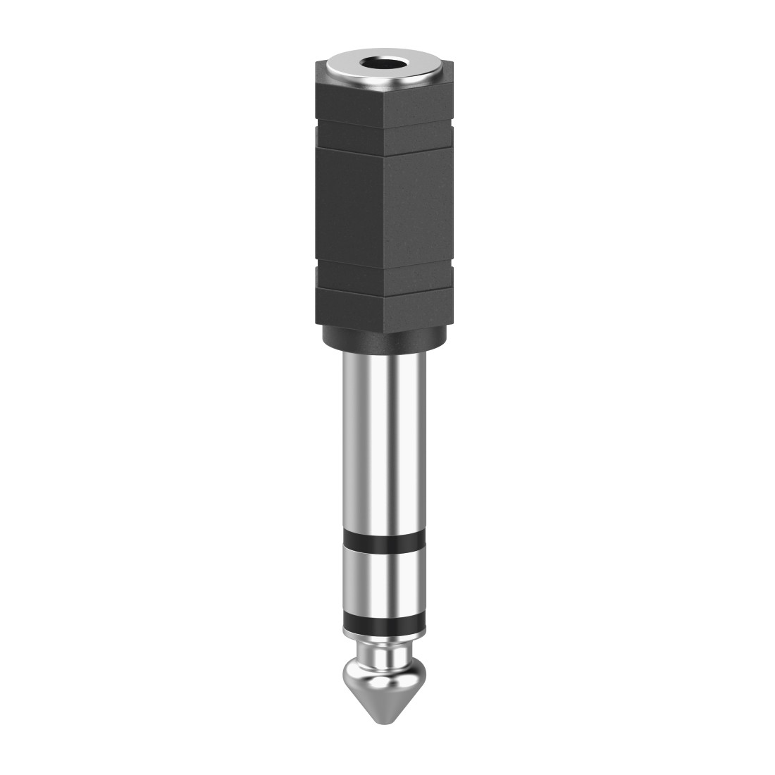 Ein schwarzer und silberner Kopfhöreradapter mit 6,35-mm-Stecker.
