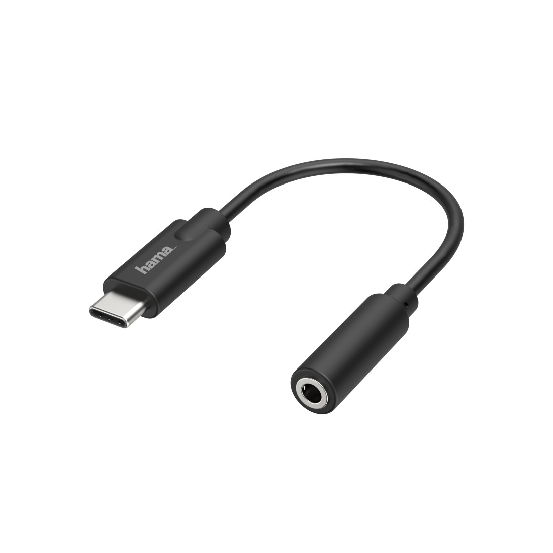 Schwarzes Adapterkabel. Ein Ende ist USB-C, das andere eine Kopfhörerbuchse.