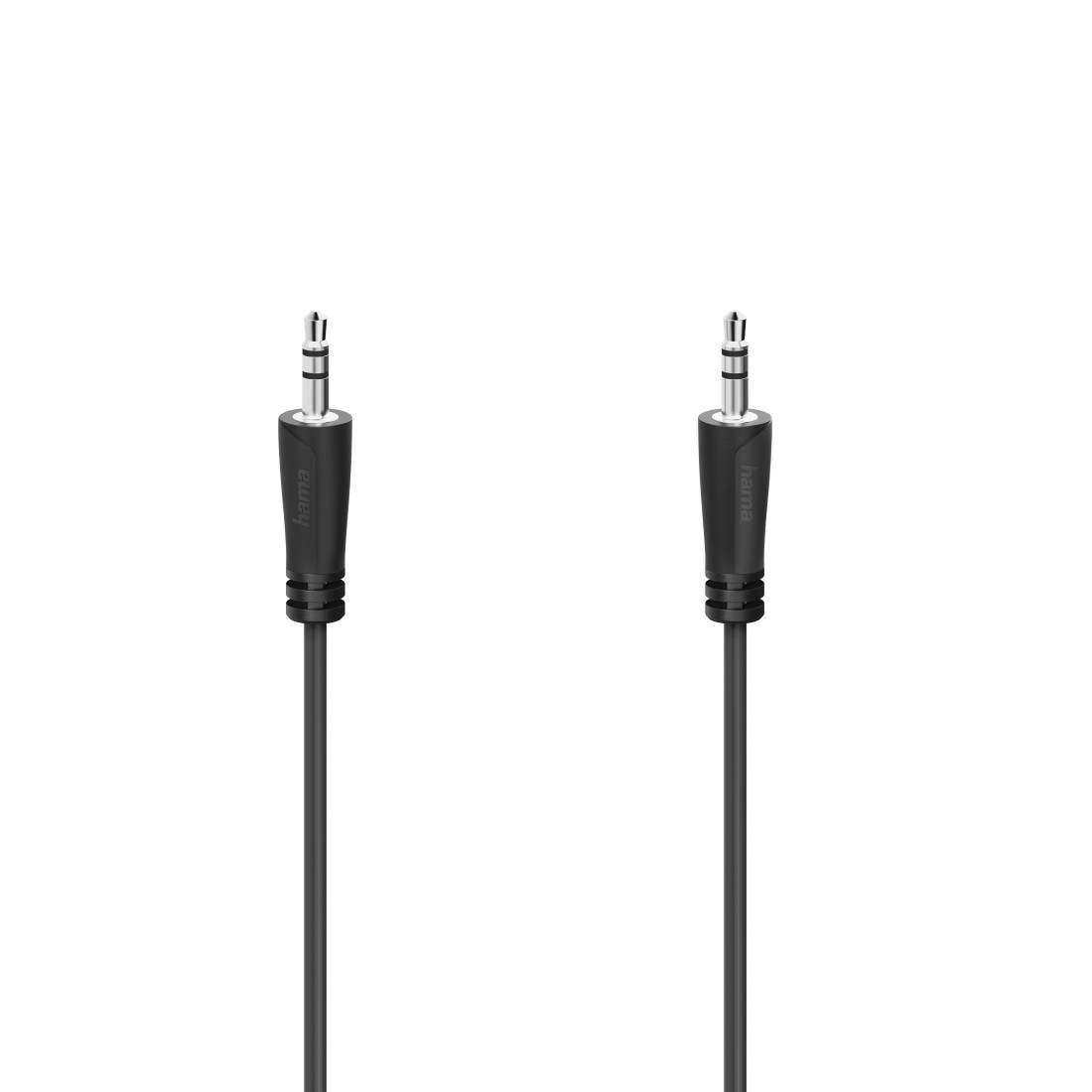 Zwei schwarze Audiokabel mit 3,5-mm-Steckern, isoliert auf weißem Hintergrund.