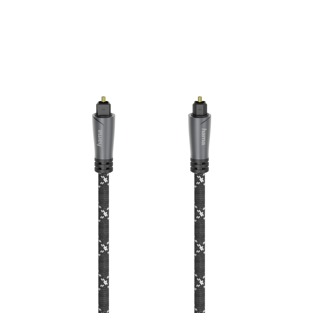 Zwei optische Audiokabel. Sie haben ein schwarz-weißes geflochtenes Muster und graue Endstücke.