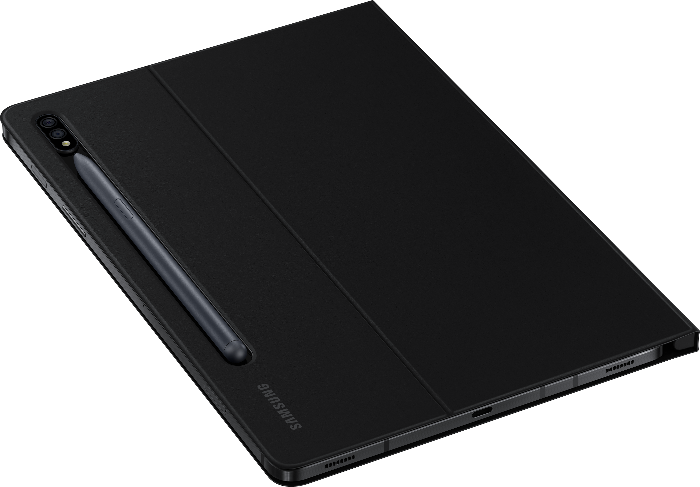 Tablette noire avec un stylo posé sur le côté d'une housse noire.