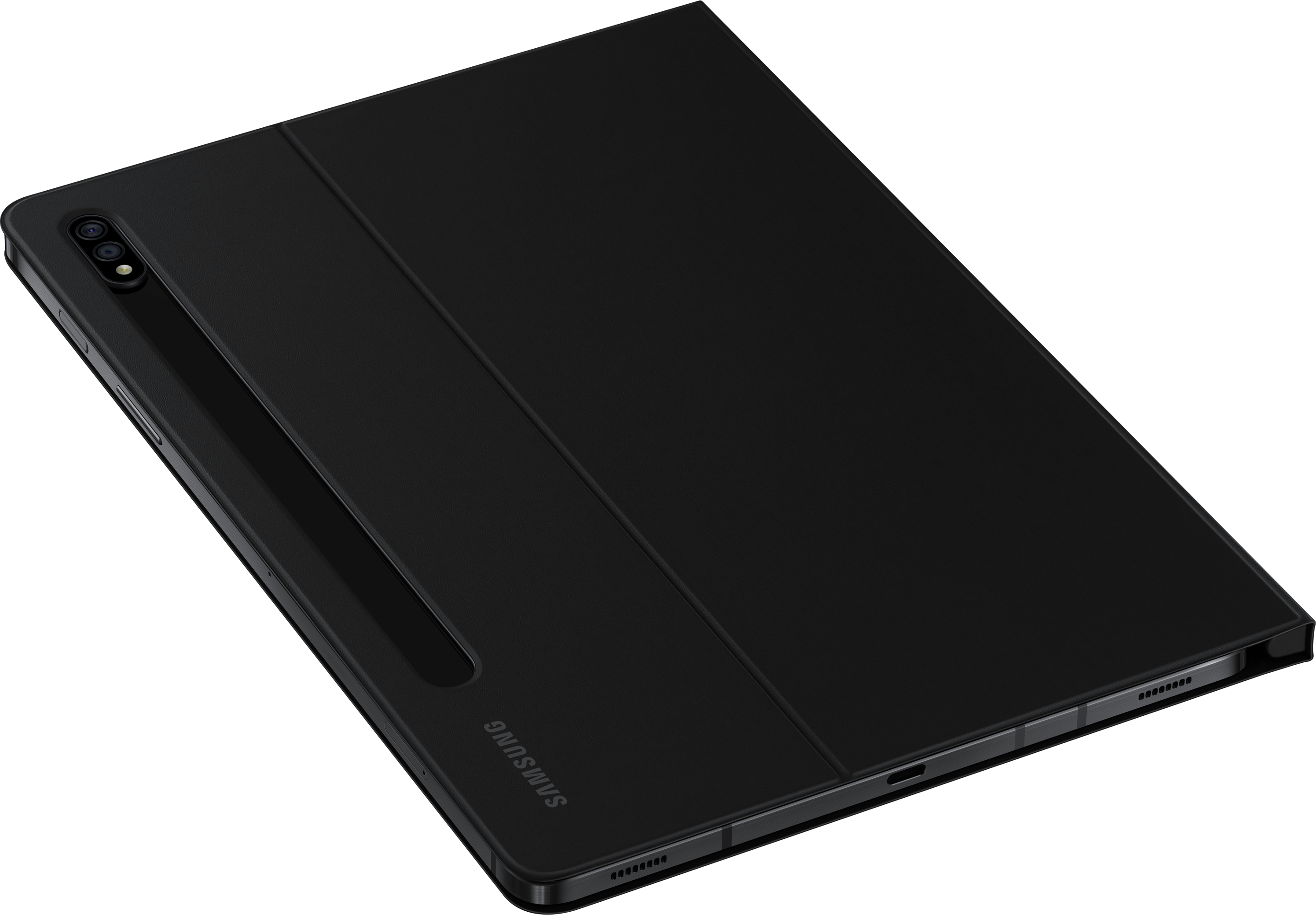 Tablette noire avec étui noir. La tablette est inclinée sur un fond noir.