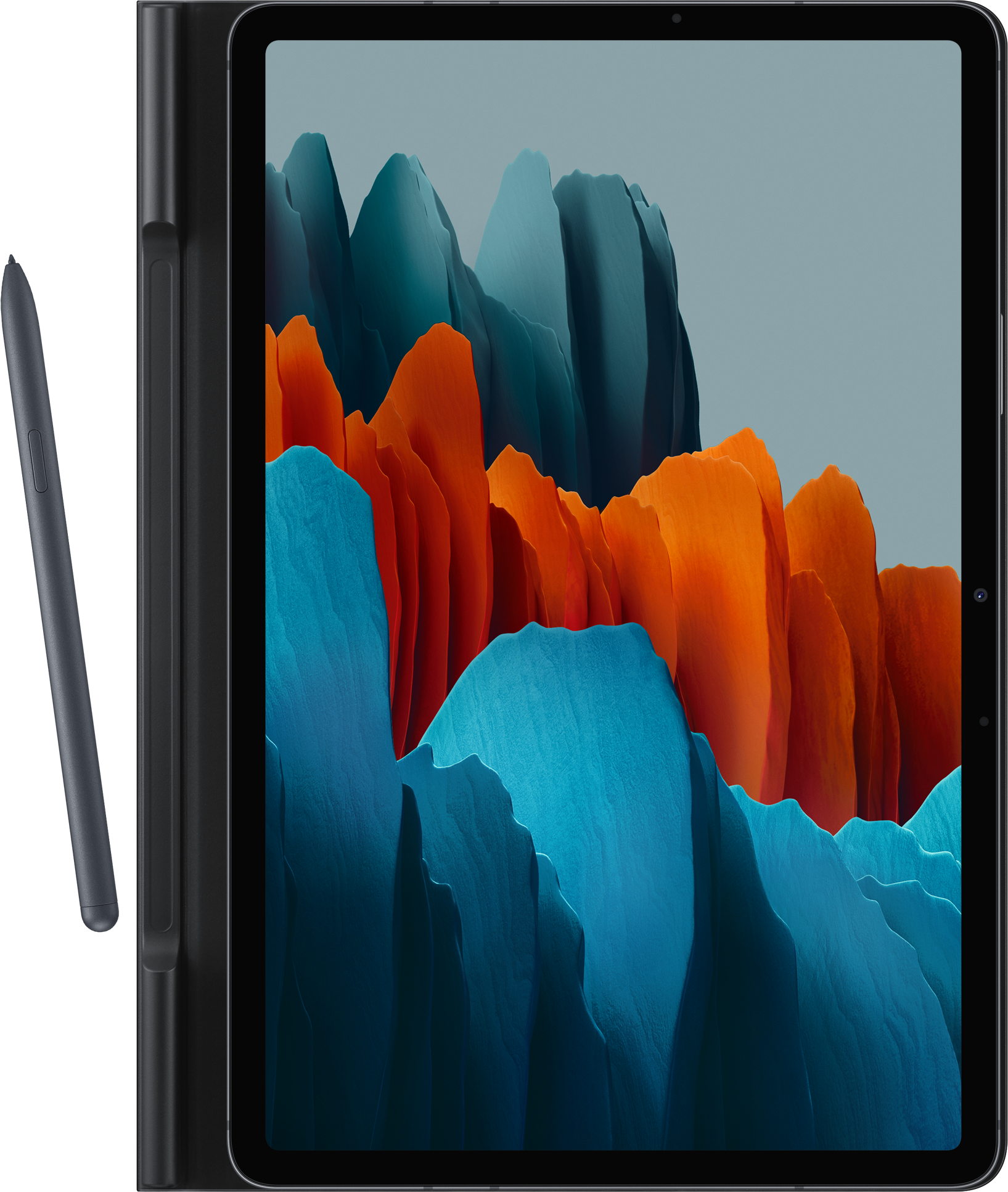 Tablette avec un écran sombre, un stylet et un étui sombre sur fond noir.