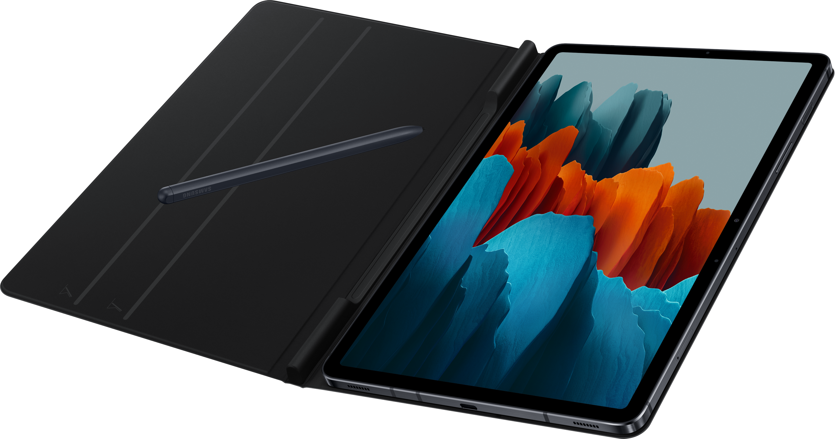 Tablette avec une housse noire et un stylet. L'écran affiche un paysage de montagne.
