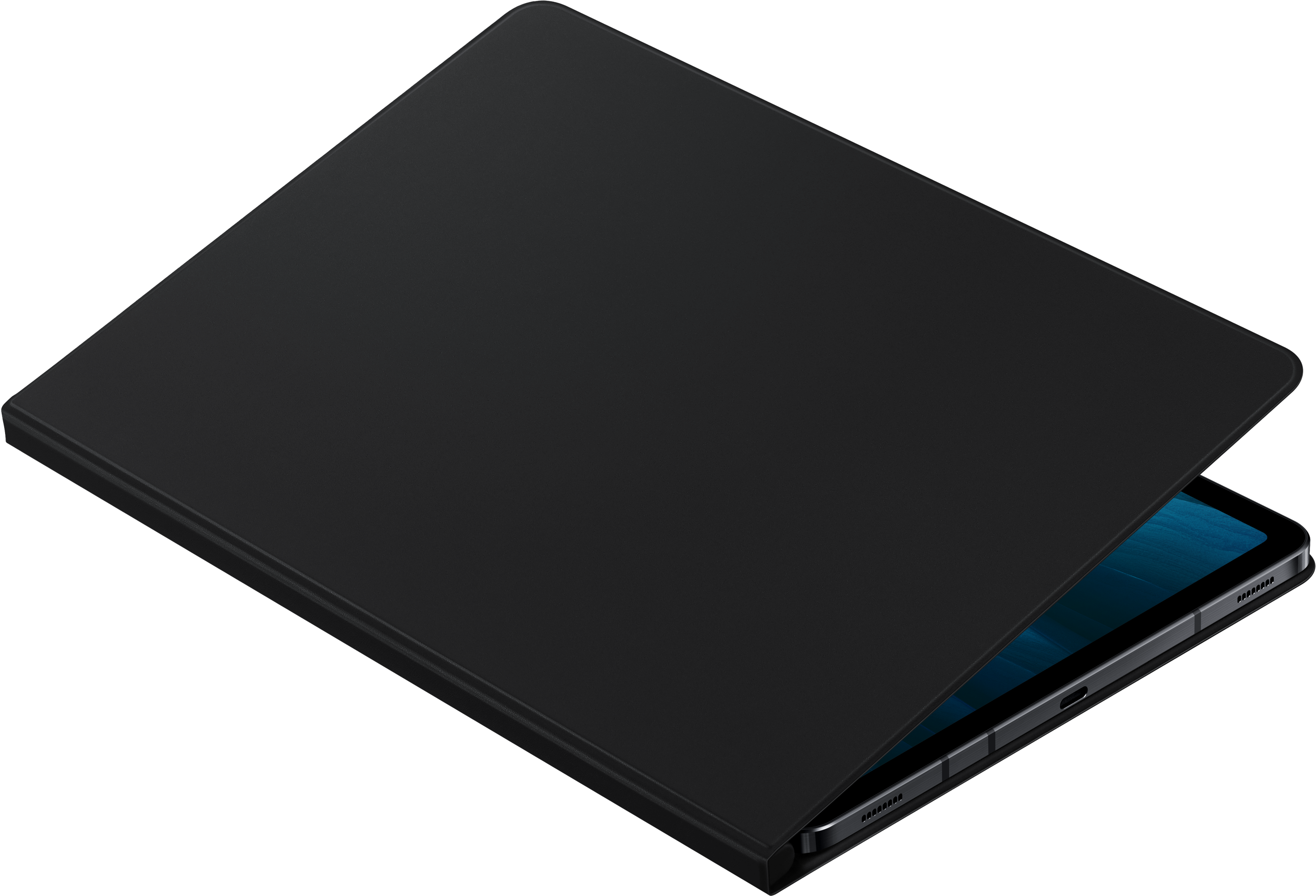 Une tablette noire avec une couverture de clavier. Le clavier est partiellement ouvert, révélant un écran bleu.