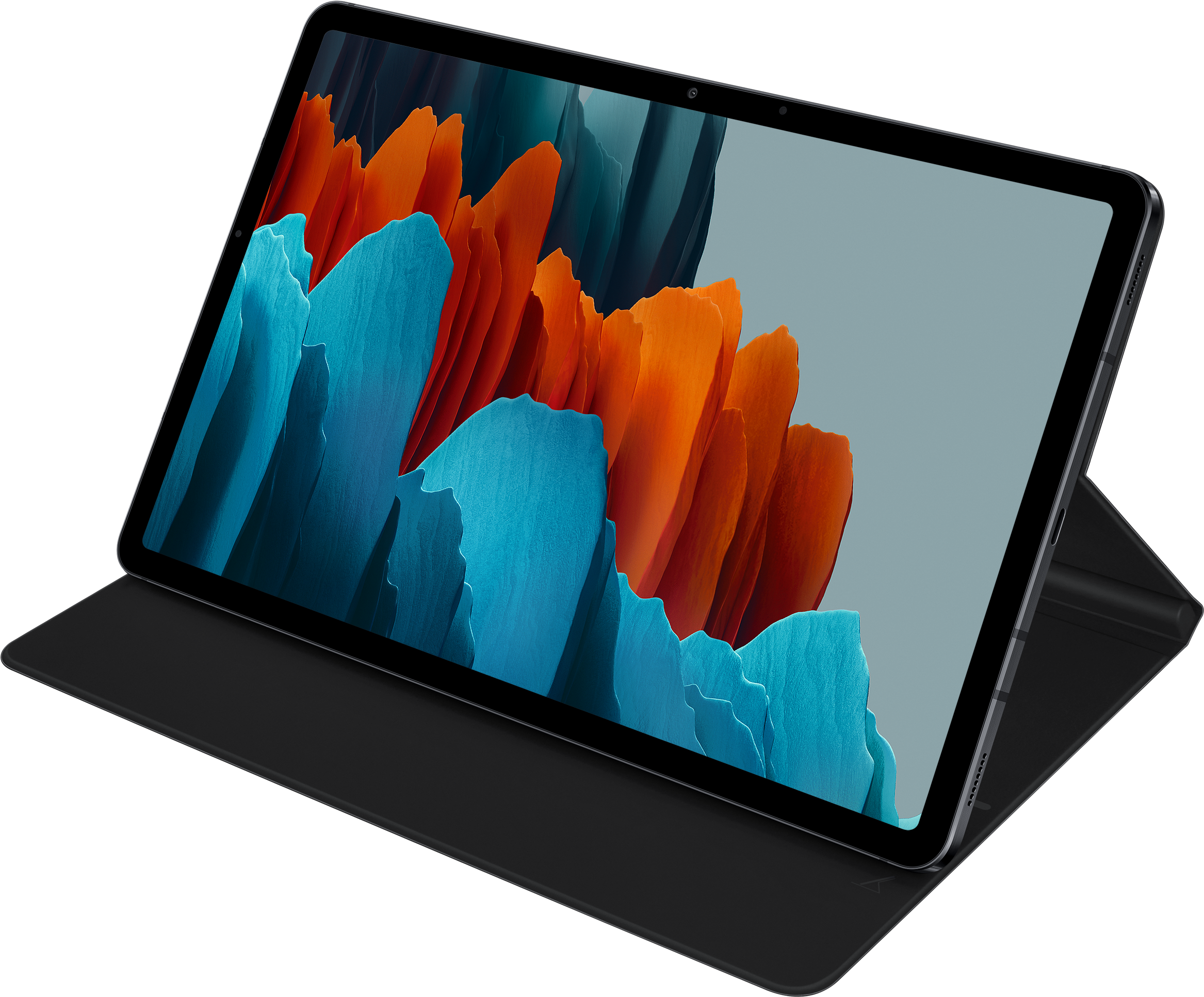 Tablette avec un écran affichant un paysage numérique. Elle est dans un étui et inclinée sur une surface noire.