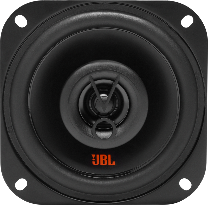 Haut-parleur JBL noir avec logo orange et design circulaire noir.