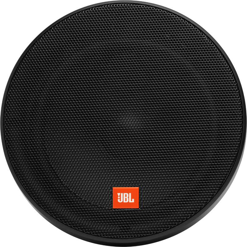 Haut-parleur noir circulaire avec un logo JBL en orange. Le haut-parleur est noir.