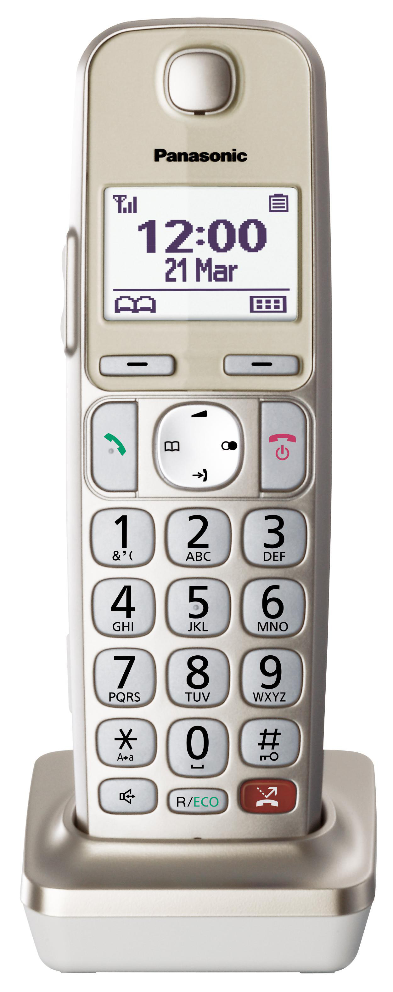 Ein silbernes und graues schnurloses Panasonic-Telefon mit Digitalanzeige.