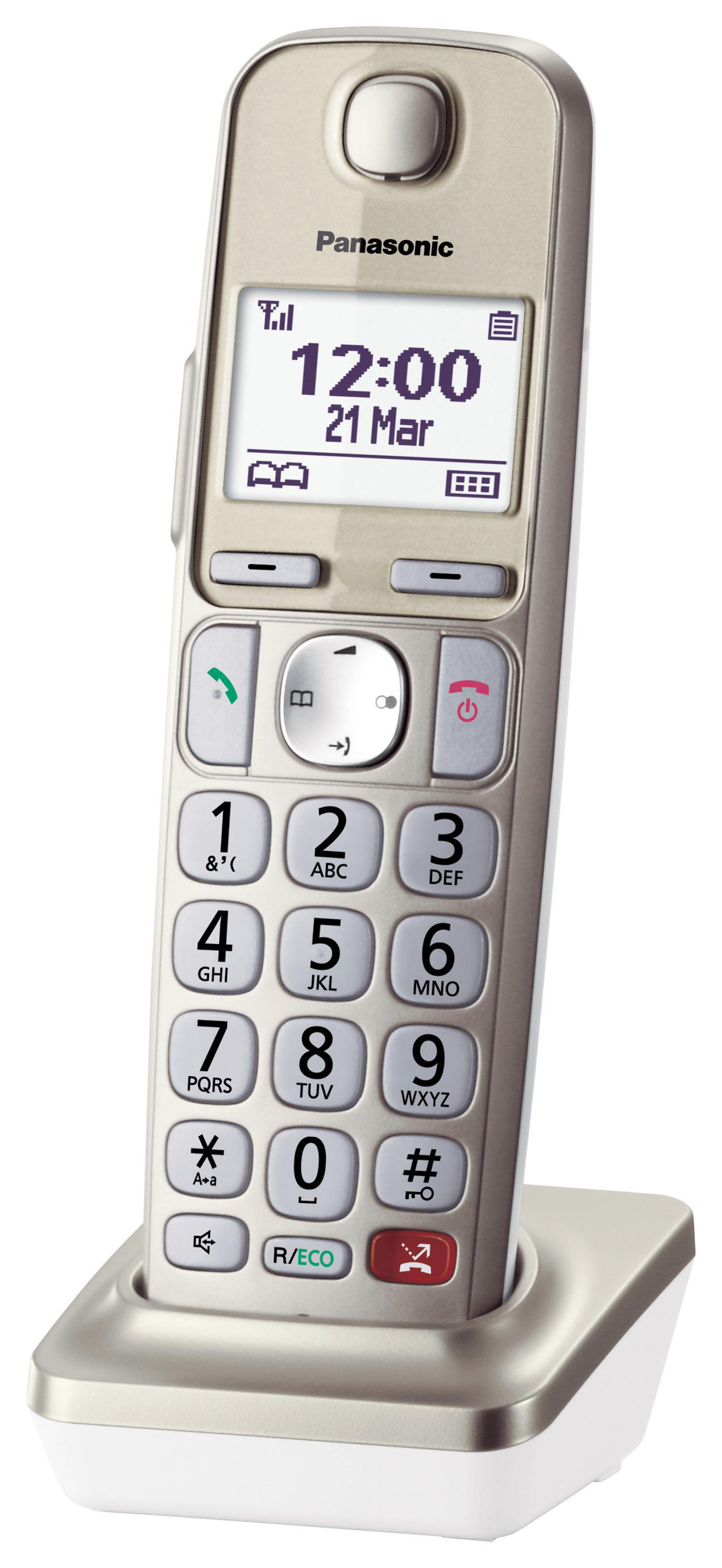 Silbernes schnurloses Telefon von Panasonic, Basis, Digitalanzeige, Tasten, weißer Hintergrund.