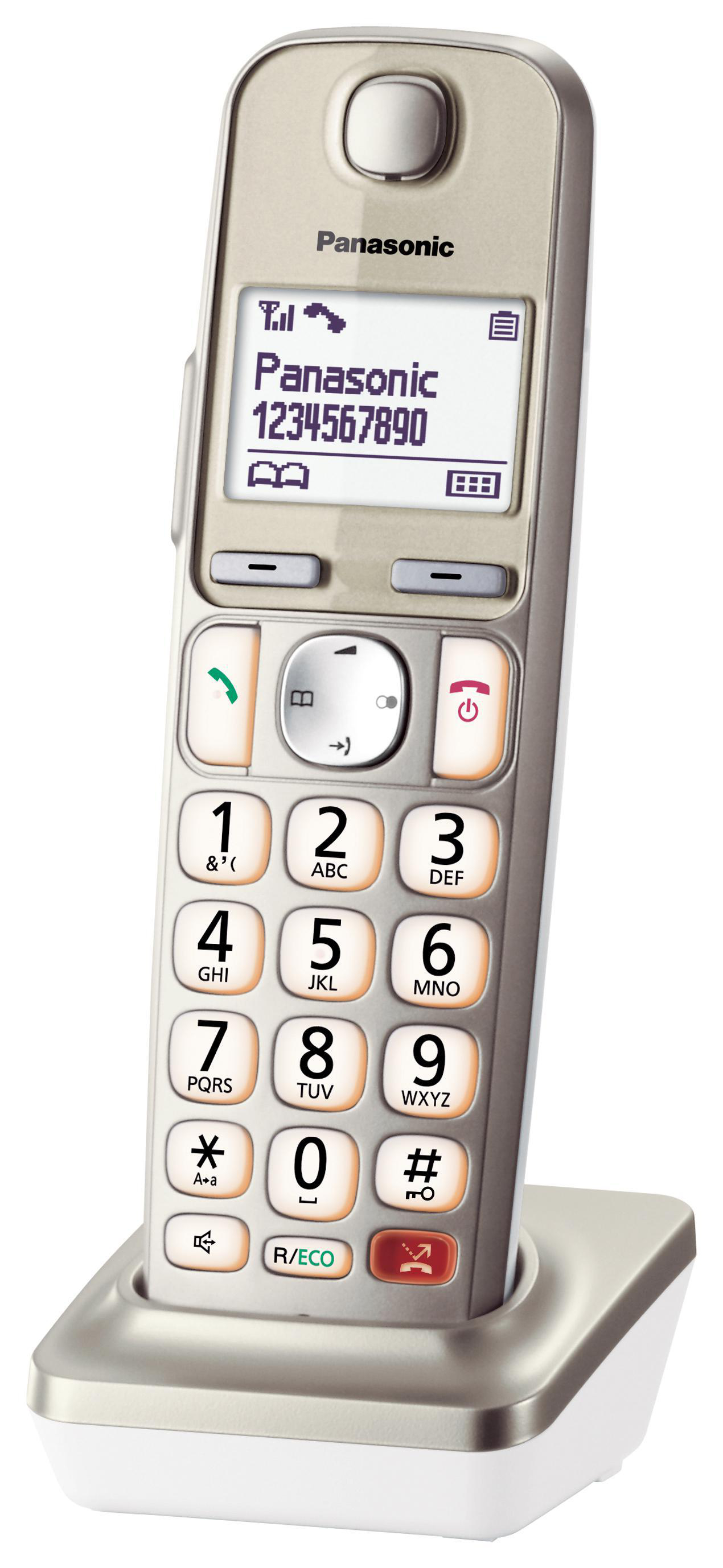 Schnurloses Telefon auf einer Basis, mit Ziffern und einem Bildschirm.
