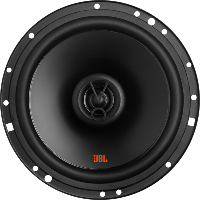 Haut-parleur JBL noir avec logo JBL orange sur fond blanc.