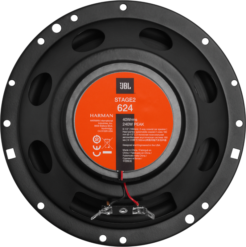 Haut-parleur JBL noir avec centre orange. Texte au centre du haut-parleur.