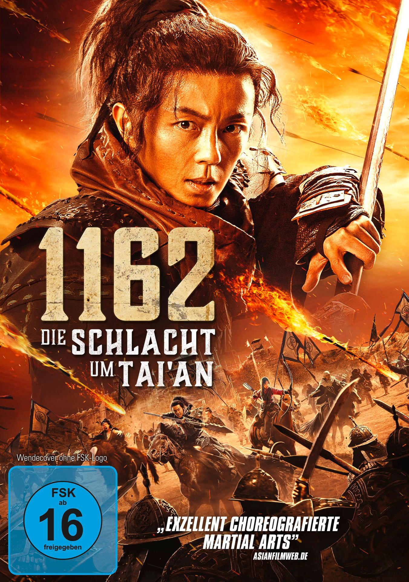 Blu-ray-Cover, asiatischer Mann mit Schwert, Kampfszene. Text: 1162, Die Schlacht um Tai'an.