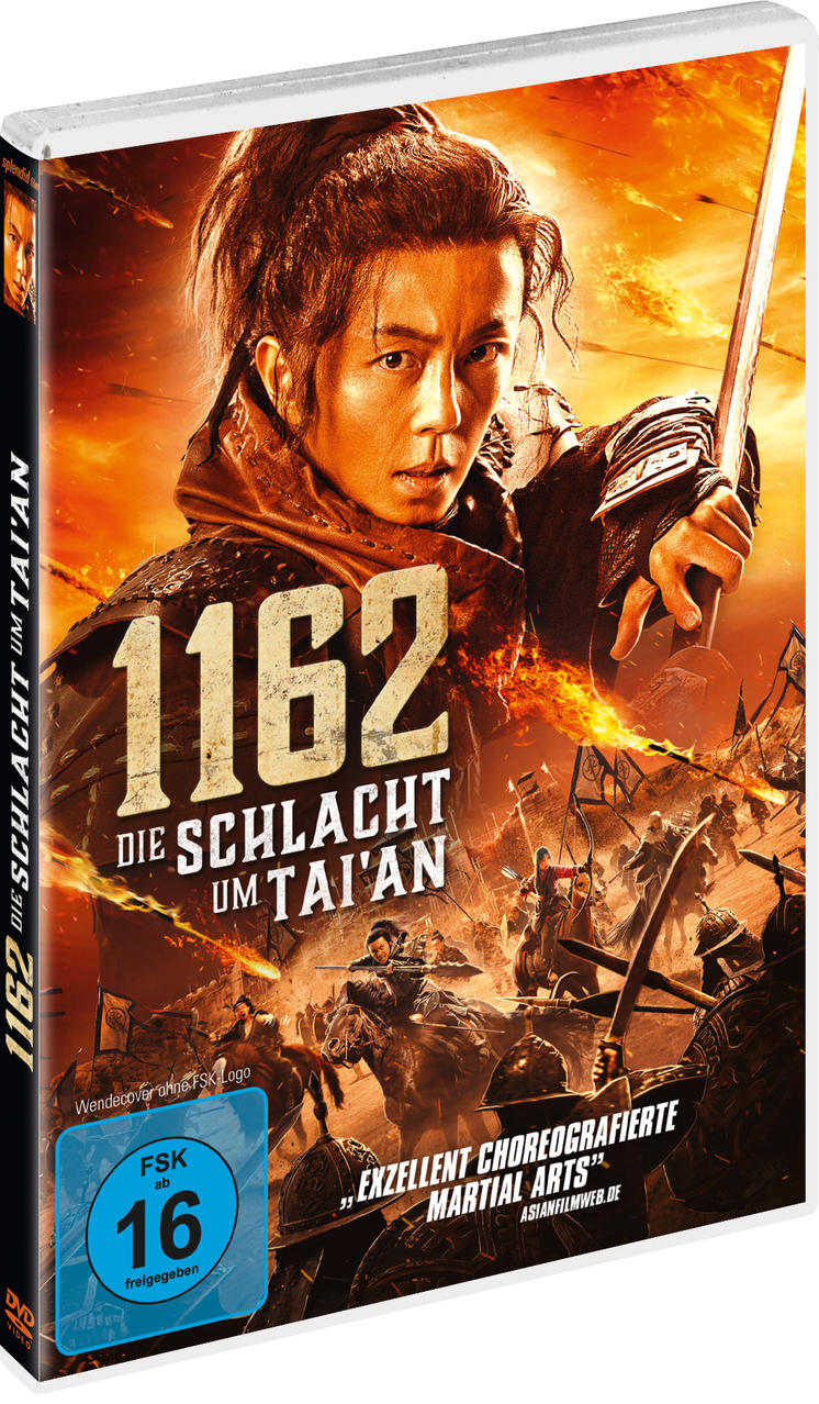 DVD-Cover: Mann mit Schwert in Kampfszene, Text: '1162 Die Schlacht um Tai'an'.
