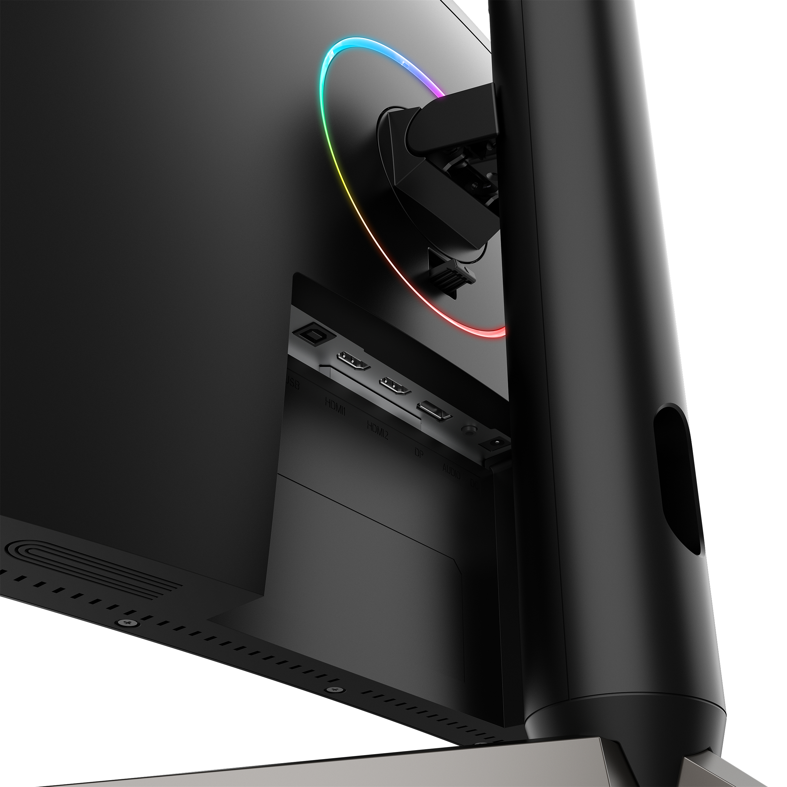 Rückseite eines Computermonitors mit Anschlüssen und einem farbenfrohen Ringlicht.