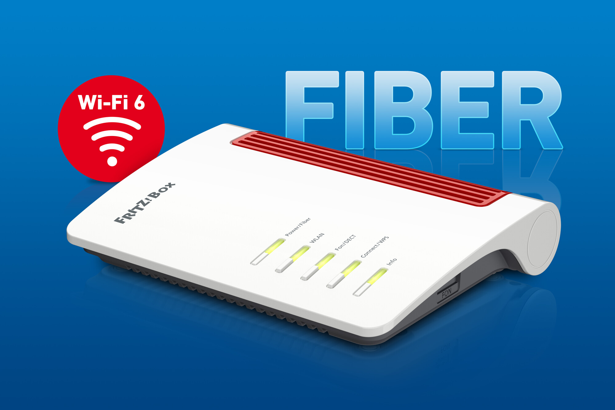 Un router bianco con dettagli rossi e un logo Wi-Fi 6.