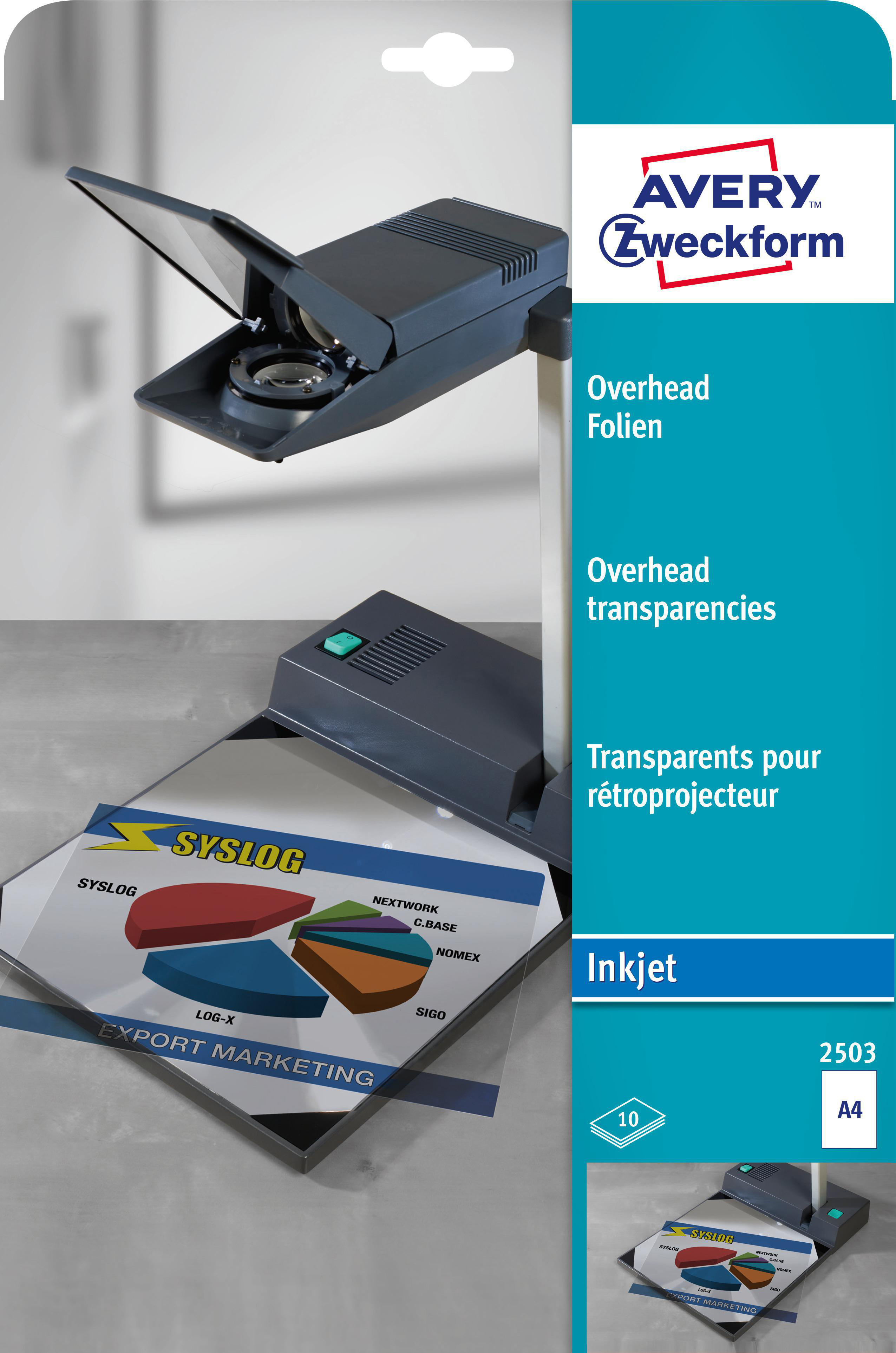 Verpackung für Overhead-Projektor-Folien. Ein Projektor mit Diagramm wird gezeigt.