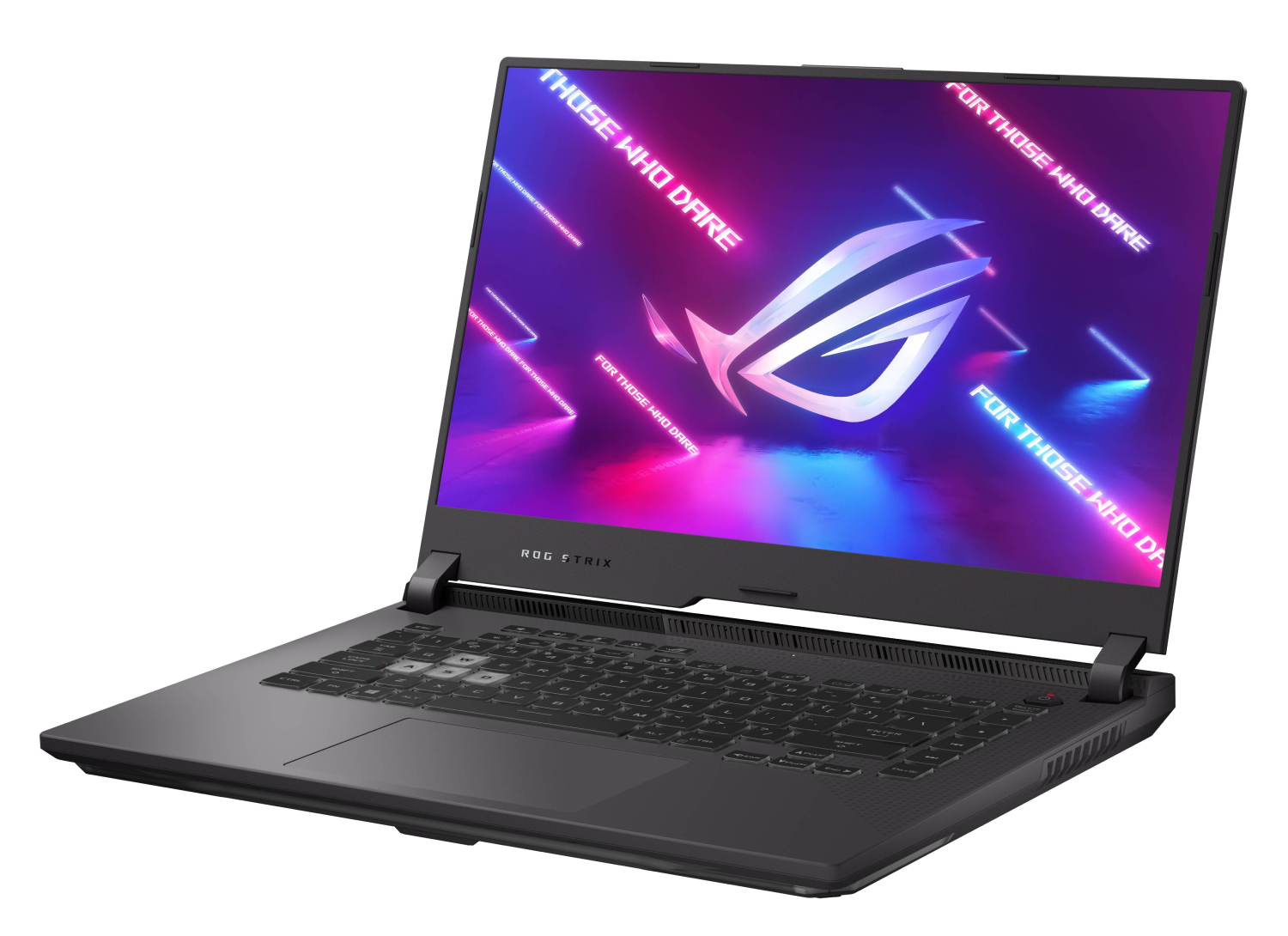 Ordenador portátil, negro, con el logotipo de ROG Strix y la pantalla encendida.