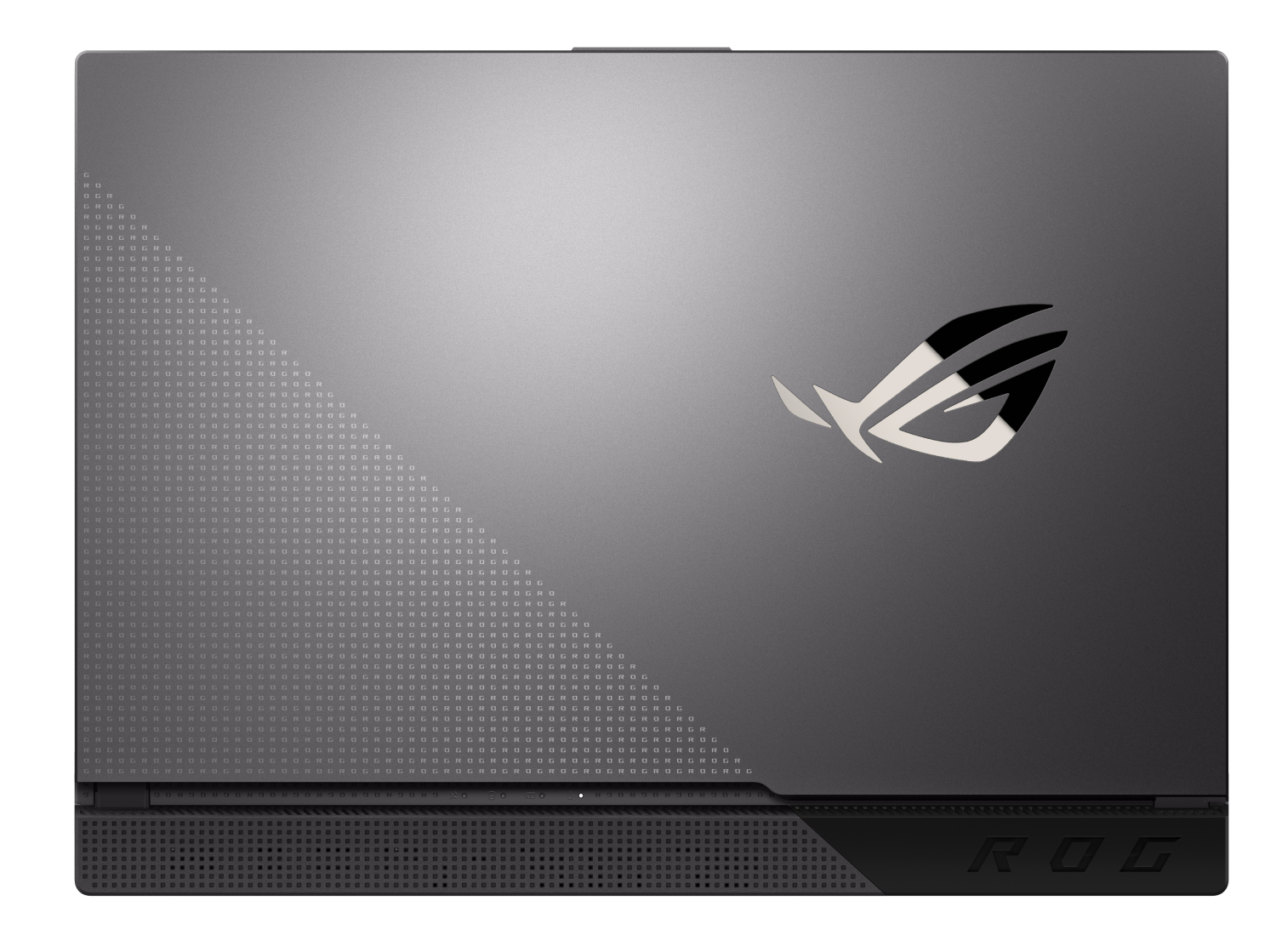 Un portátil con tapa gris y un logotipo ROG, visto desde arriba.
