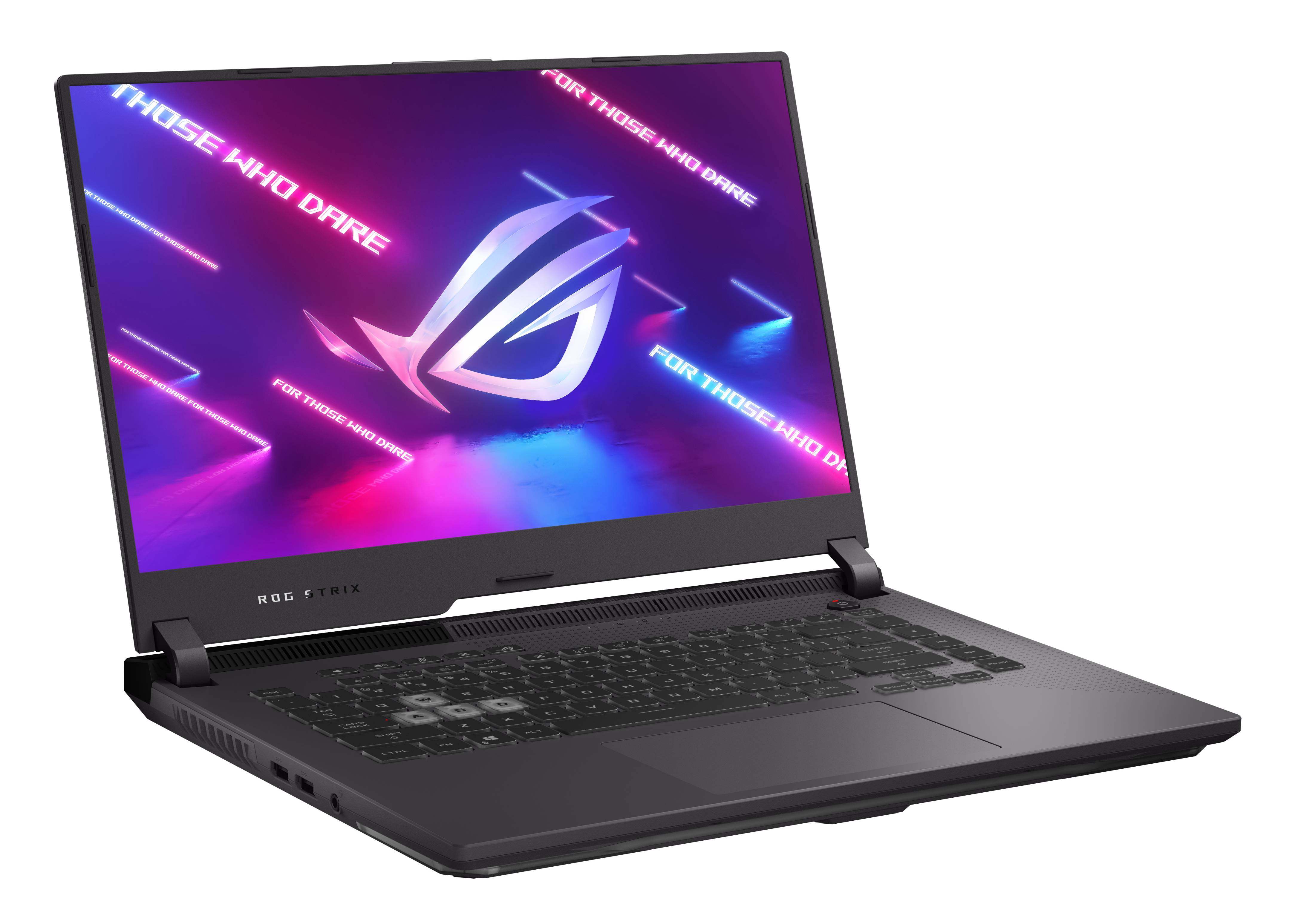 Ordenador portátil abierto, ROG Strix, la pantalla muestra el texto 'THOSE WHO DARE'.