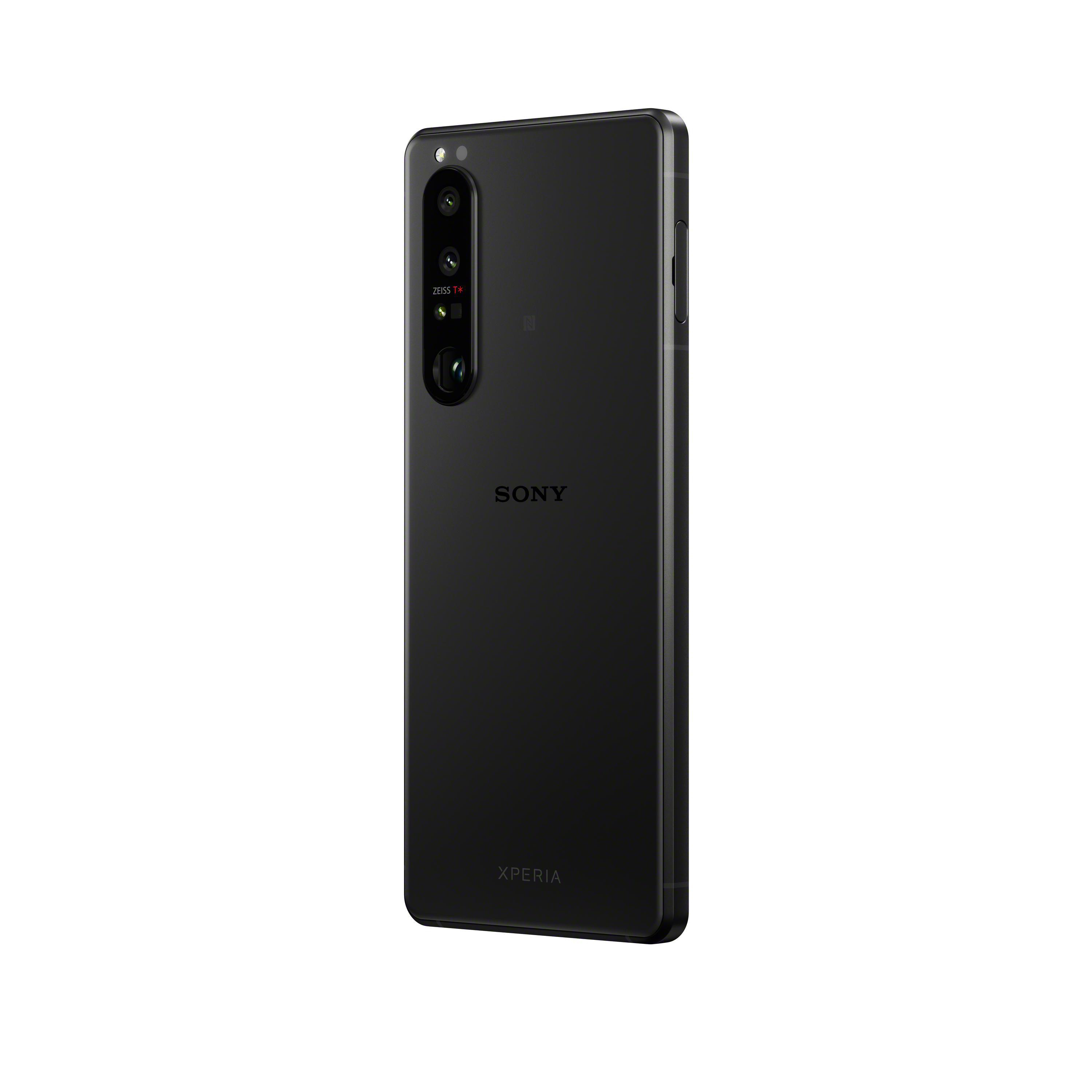 Schwarzes Sony Xperia-Telefon, elegantes Design, drei Rückkameras.