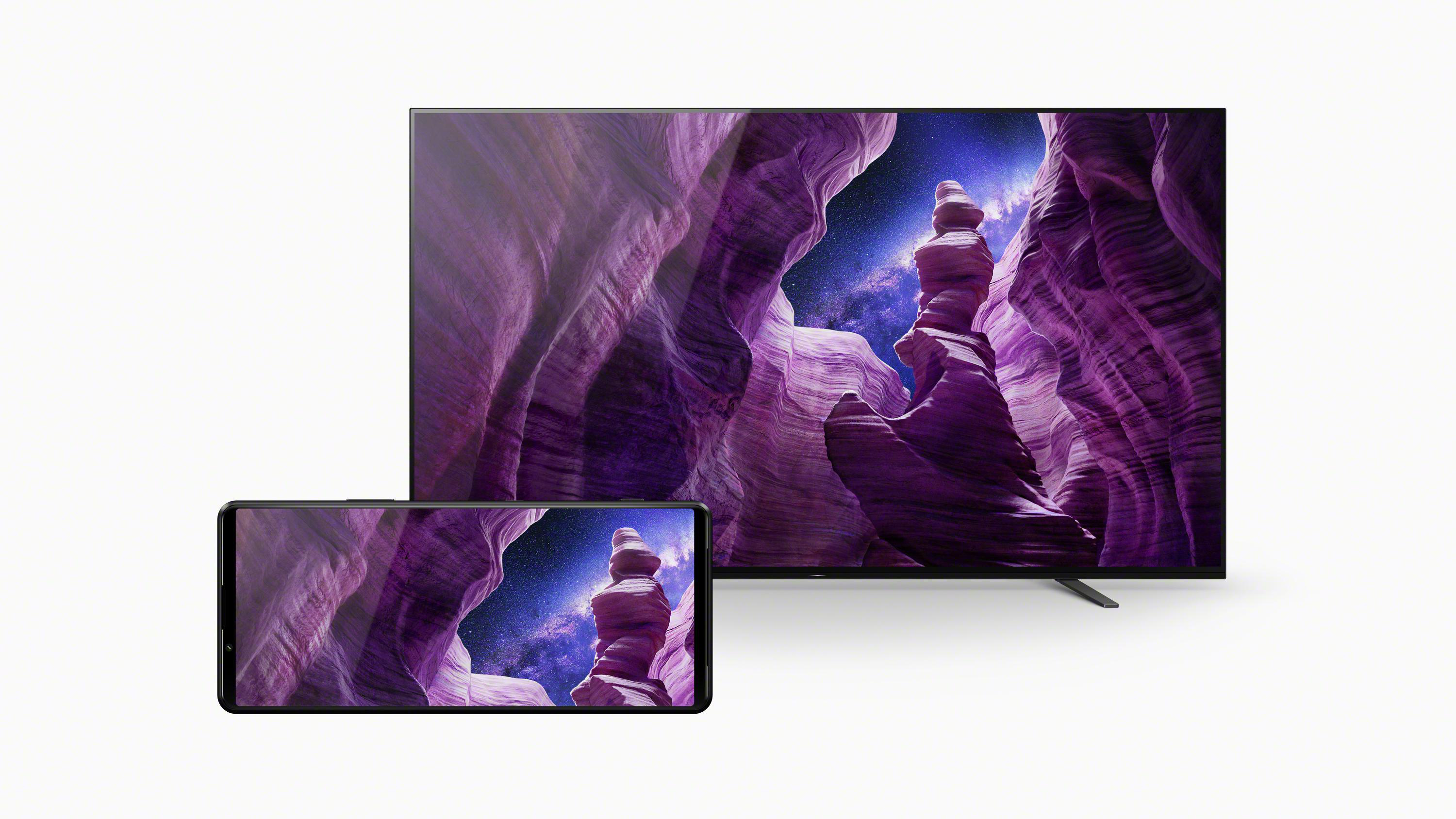Ein großer Fernseher und ein Smartphone zeigen ein Landschaftsbild.